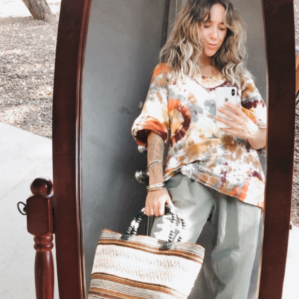 Fall Tone Custom Tie Dye Flare Sleeve Bohemian Peasant 3/4 Sleeve Top - Picture 7 of 10
